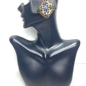 Vintage M Baer Modernist Earrings Jewelry Copper and Stones Clip On Statement